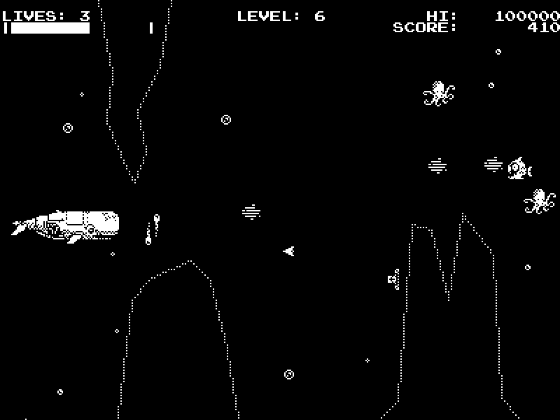 Level 6: the whale threads a cavern of stalactites and rock spires while fish and an octopus drift past