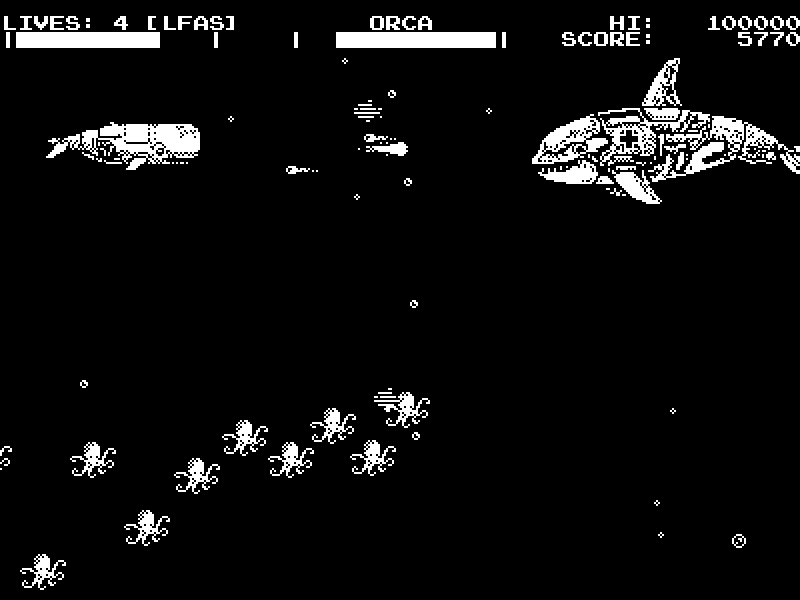 Boss fight: the mechanical ORCA on the right, its health bar draining, as a shoal of octopuses sweeps in from below