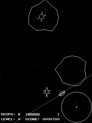 Sector Zero: the ship among wireframe asteroids, with ships, level and score on the HUD