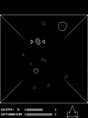 The tunnel between sectors: the ship flying down a square tunnel in perspective past rocks, with ships and the SATURNium meter at the bottom